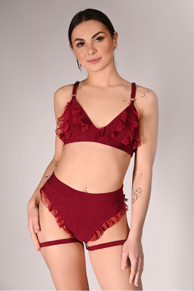 Glittery Lily Top glittery pole dance top with mesh ruffles – front view in burgundy