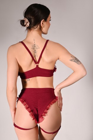 Glittery Lily Top glittery pole dance top with ruffles – back view in burgundy