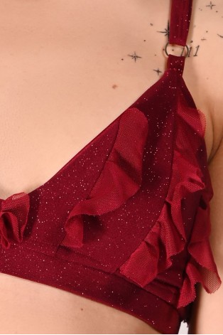 Glittery Lily Top glitter fabric and mesh ruffle detail – close-up in burgundy