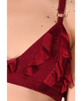 Glittery Lily Top glitter fabric and mesh ruffle detail – close-up in burgundy