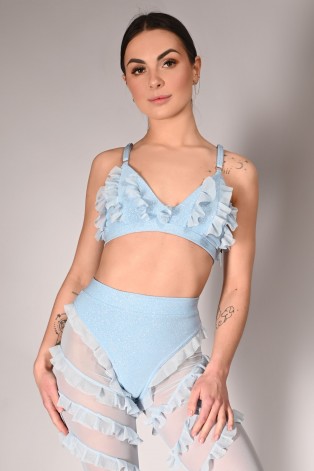 Glittery Lily Top glittery pole dance top with mesh ruffles – front view in baby blue