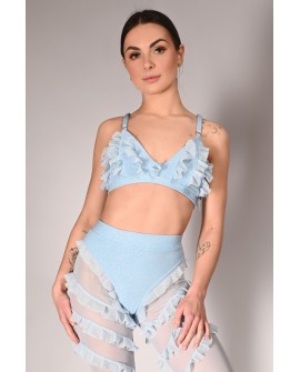 Glittery Lily Top glittery pole dance top with mesh ruffles – front view in baby blue