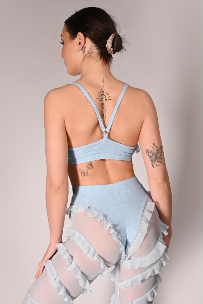 Glittery Lily Top glittery pole dance top with ruffles – back view in baby blue