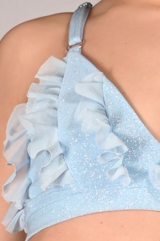 Glittery Lily Top glitter fabric and mesh ruffle detail – close-up in baby blue