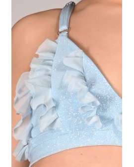 Glittery Lily Top glitter fabric and mesh ruffle detail – close-up in baby blue