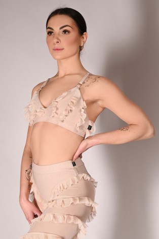 Glittery Lily Top glittery pole dance top with mesh ruffles – front view in latte