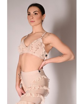 Glittery Lily Top glittery pole dance top with mesh ruffles – front view in latte