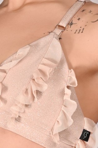 Glittery Lily Top glitter fabric and mesh ruffle detail – close-up in latte