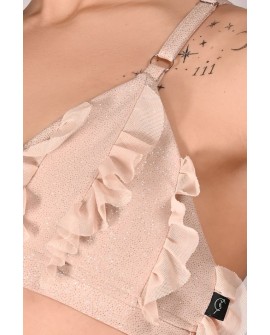 Glittery Lily Top glitter fabric and mesh ruffle detail – close-up in latte