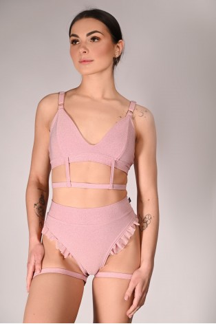 Glittery Lily Shorts glitter pole dance shorts front view with mesh ruffles in rose shadow