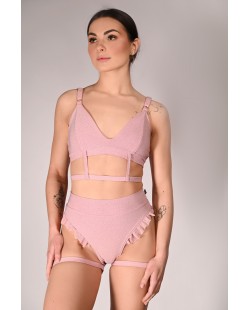 Glittery Lily Shorts glitter pole dance shorts front view with mesh ruffles in rose shadow