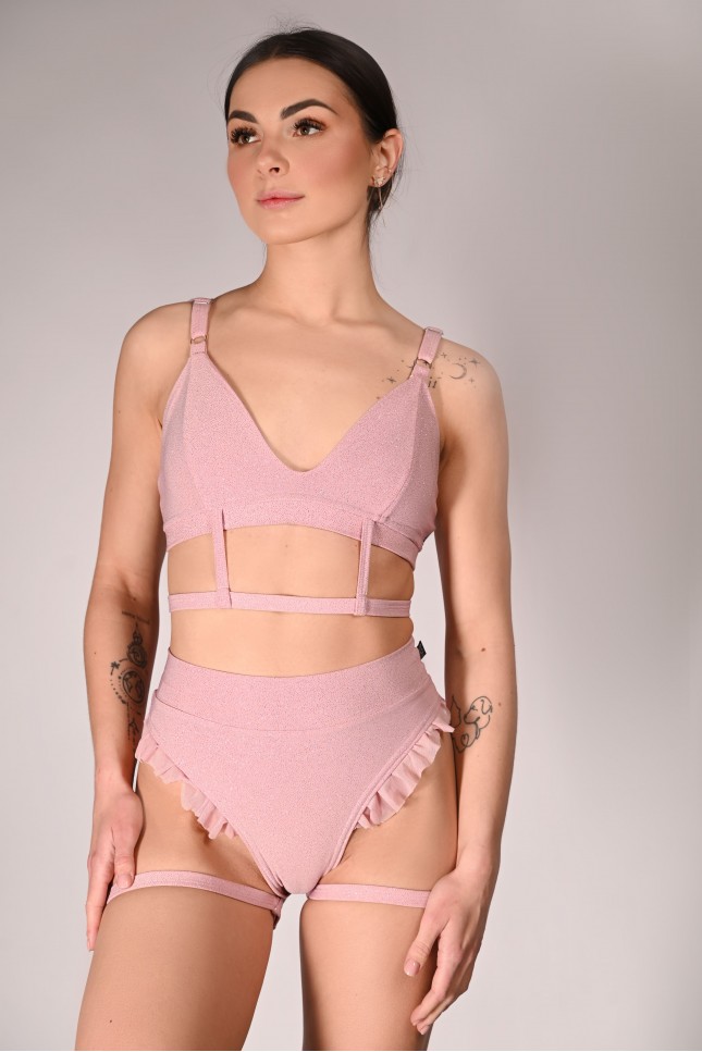 Glittery Lily Shorts glitter pole dance shorts front view with mesh ruffles in rose shadow