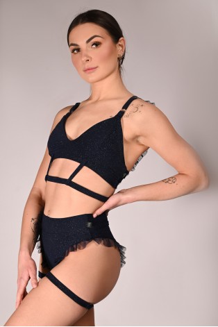 Glittery Lily Shorts glitter pole dance shorts side view highlighting high waist fit in navy blue