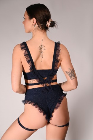 Glittery Lily Shorts high waist Brazilian pole dance shorts back view with ruching in navy blue