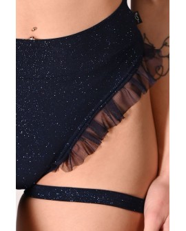 Glittery Lily Shorts detail of glitter fabric mesh ruffles and back ruching in navy blue