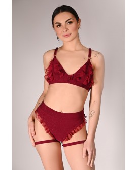 Glittery Lily Shorts glitter pole dance shorts front view with mesh ruffles in burgundy