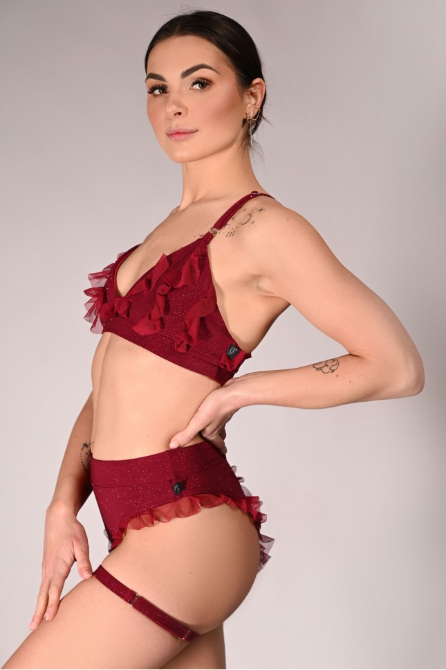 Glittery Lily Shorts glitter pole dance shorts side view highlighting high waist fit in burgundy