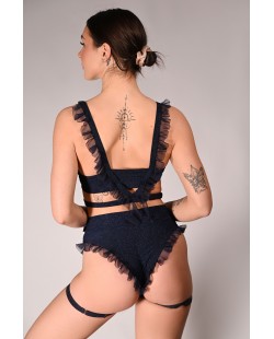 Glittery Naiad Top glitter pole dance top with decorative back straps and ruffles back view in navy blue