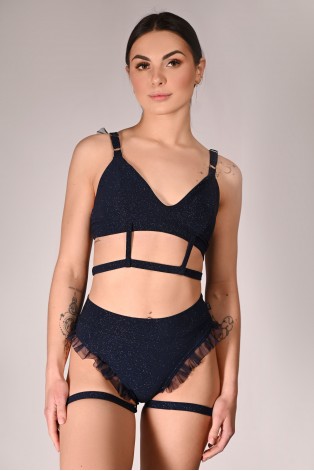 Glittery Naiad Top glitter pole dance top with mesh ruffles front view in navy blue