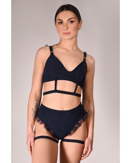 Glittery Naiad Top glitter pole dance top with mesh ruffles front view in navy blue