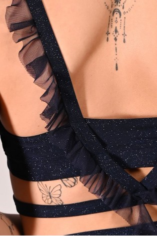 Glittery Naiad Top detail of glitter fabric and mesh ruffle straps in navy blue