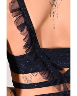 Glittery Naiad Top detail of glitter fabric and mesh ruffle straps in navy blue