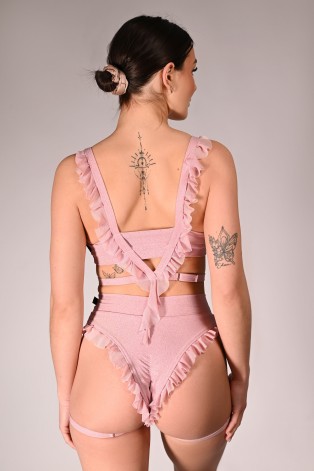 Glittery Naiad Top glitter pole dance top with decorative back straps and ruffles back view in rose shadow