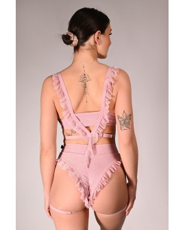 Glittery Naiad Top glitter pole dance top with decorative back straps and ruffles back view in rose shadow
