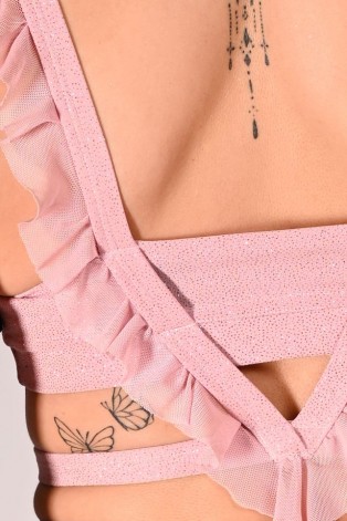Glittery Naiad Top detail of glitter fabric and mesh ruffle straps in rose shadow