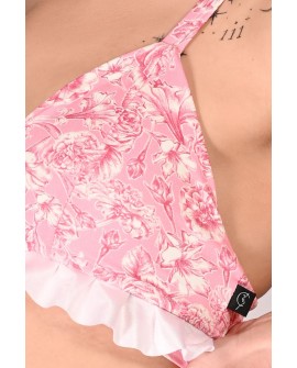 Rose Top floral lycra and cream ruffle detail close-up