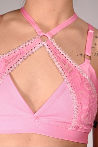 Love Queen Top heart-pattern mesh detail and soft pink lycra close-up