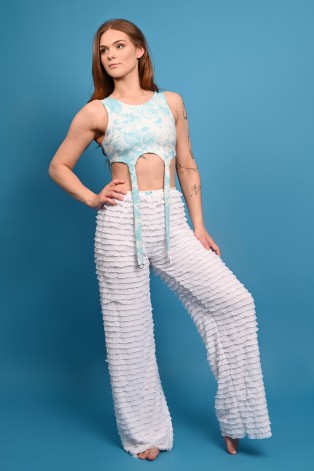 Bloomer Pants with layered Victorian-inspired ruffles and decorative bow detail, front view