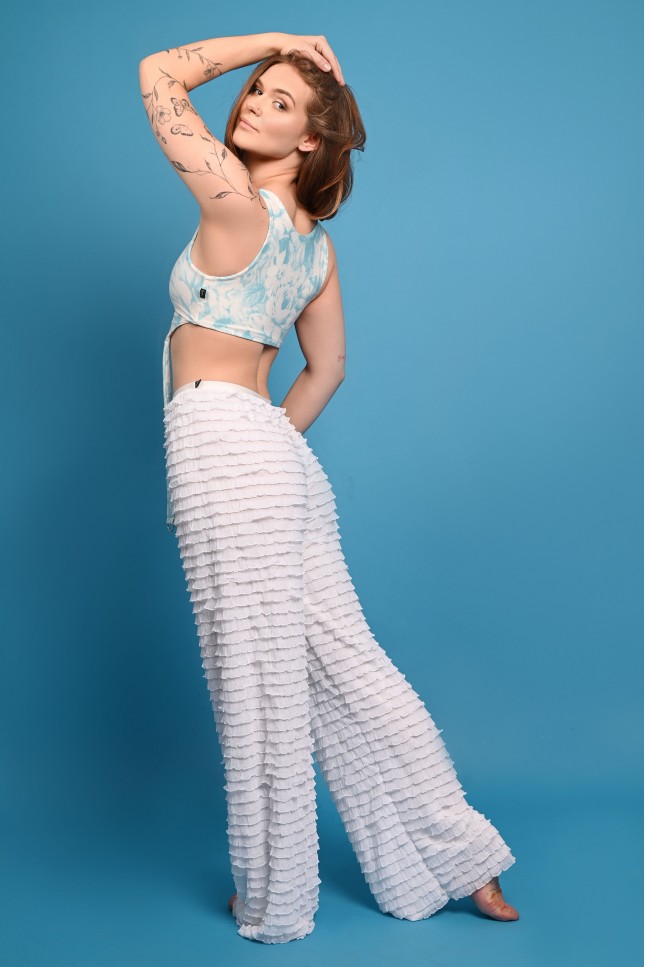 Bloomer Pants with elegant cascading ruffles and lightweight construction, side view