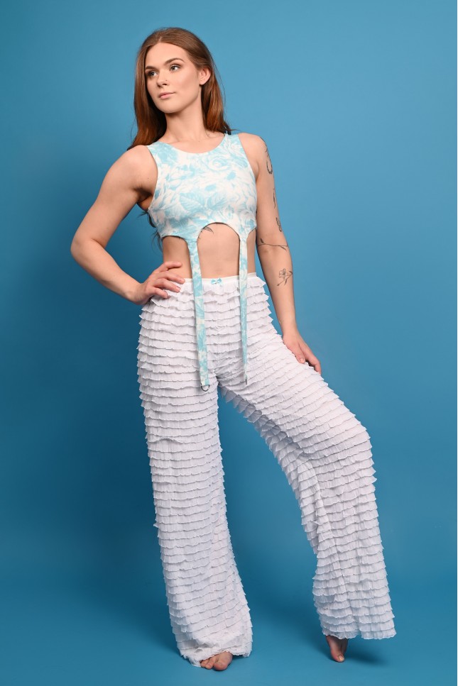 Stays Top featuring a Victorian-inspired blue rose print, decorative suspender-style straps, front view