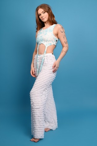 Stays Top featuring decorative hanging straps inspired by vintage stocking stays, side view