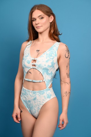 Poetry Bodysuit featuring floral Victorian print and elegant side cut-outs, side view