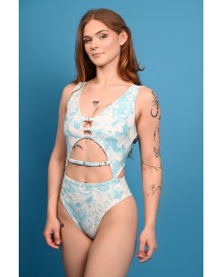 Poetry Bodysuit featuring floral Victorian print and elegant side cut-outs, side view