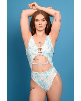 Poetry Bodysuit featuring a Victorian-inspired blue rose print, elegant cut-outs and decorative front strap details, front view