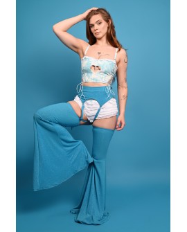 Glittery Obsessive Stockings in azure featuring sparkling fabric, flowing wide-leg design, front view