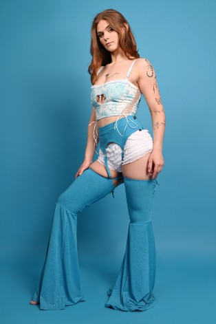 Glittery Obsessive Stockings in azure featuring dramatic wide-leg movement,  shimmering Victorian-inspired design, side view