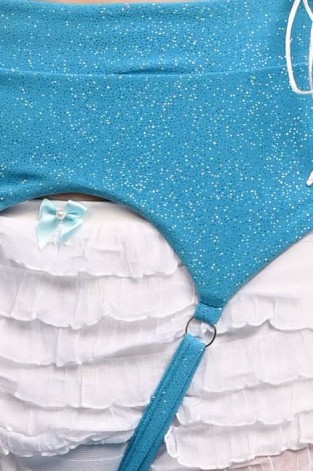 Stockings in azure showing sparkling glitter fabric, lace-up thigh detail