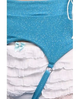 Stockings in azure showing sparkling glitter fabric, lace-up thigh detail