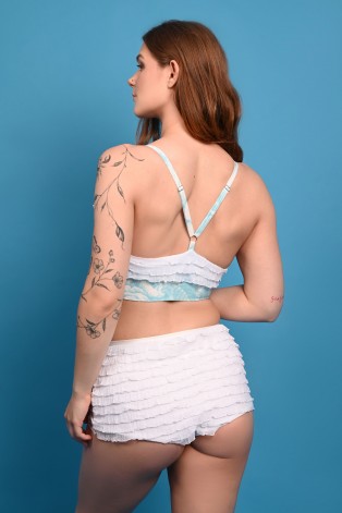 Bloomer Shorts High featuring Victorian-inspired layered ruffles, high-waisted silhouette, three-quarter view