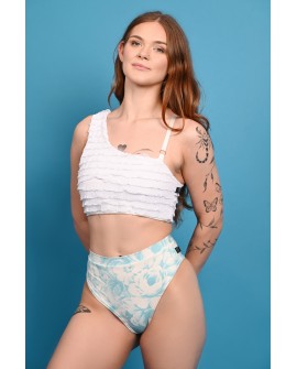Elinor Top featuring Victorian-inspired ruffles, one-shoulder design and adjustable strap, front view