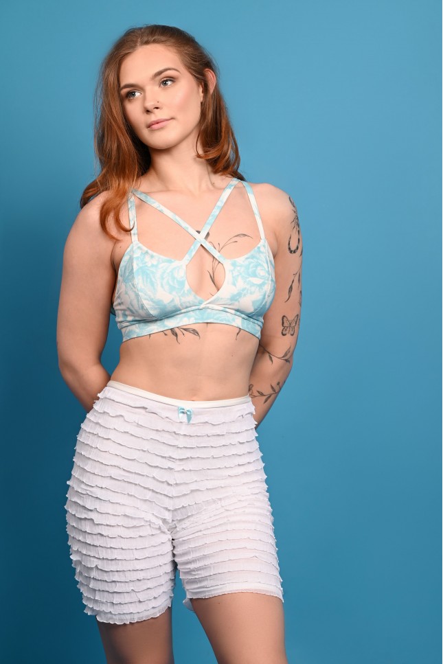 Bloomer Shorts Long featuring Victorian-inspired ruffles, biker shorts silhouette and romantic layered design, front view