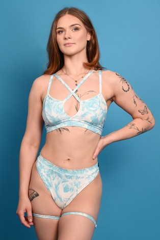 Affair Shorts featuring adjustable thigh straps, blue rose print and feminine Victorian-inspired design, front view