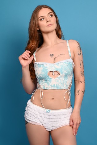 Bloomer Shorts Low featuring layered ruffles and decorative bow with pearl detail, front view
