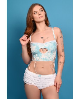 Bloomer Shorts Low featuring layered ruffles and decorative bow with pearl detail, front view