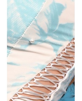 Close-up of Victorian Corset Top showing pearl embellishments, lacing detail