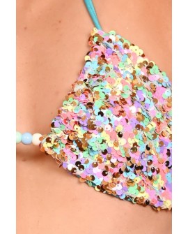 Festival Triangle Top in azure - sparkling sequins and colourful bead detail